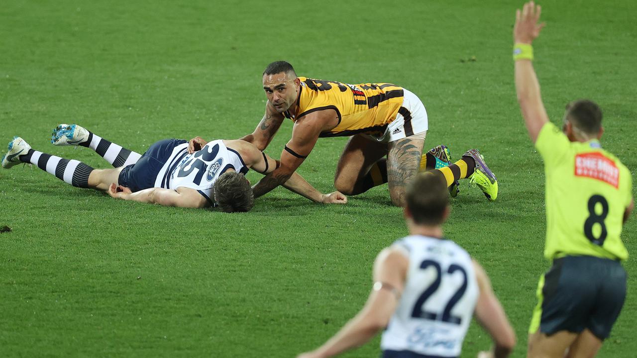 Shaun Burgoune has avoided a one-game ban for his tackle on Patrick Dangerfield. Photo: Michael Klein.