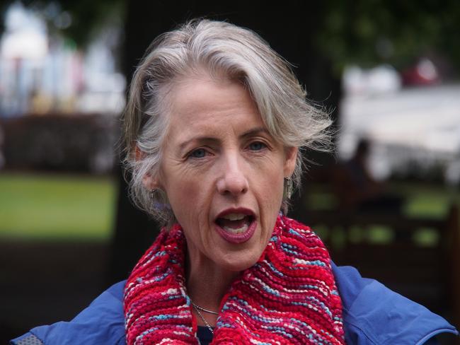 Greens MP Rosalie Woodruff speaking about gambling reform at a media conference on Parliament Lawns in Hobart.