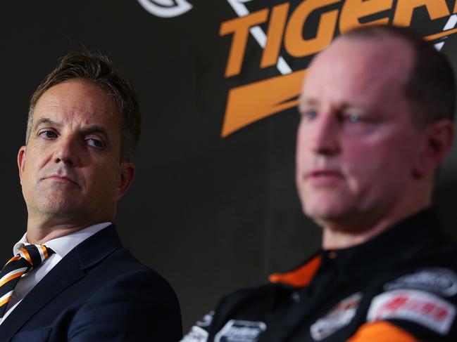 Wests Tigers CEO Justin Pascoe and new coach Michael Maguire speak during a press conference at Concord Oval, Sydney. Picture: Brett Costello