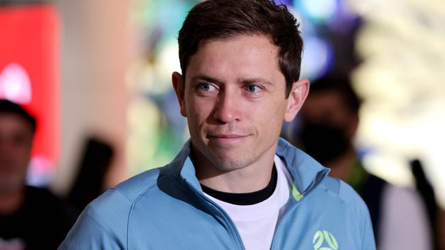 DAILY TELEGRAPH, JUNE 15, 2022: Socceroos Craig Goodwin pictured speaking to media at Sydney Airport. The Socceroos win successfully qualified them for the FIFA World Cup .Picture: Damian Shaw