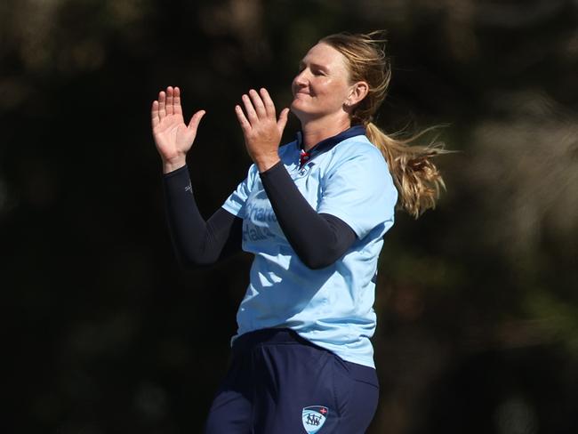 SYDNEY, AUSTRALIA - FEBRUARY 19: Sammy-Jo Johnson of the Breakers reacts during the WNCL match between New South Wales and ACT at Cricket Central, on February 19, 2025, in Sydney, Australia. (Photo by Mark Metcalfe/Getty Images)