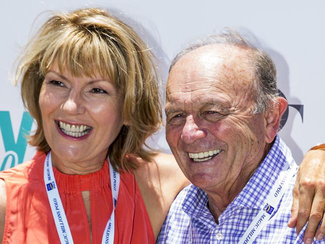 Katie Page-Harvey and Gerry Harvey at the Pacific Fair Magic Millions Polo at The Spit, Southport.   Picture: Jerad Williams.