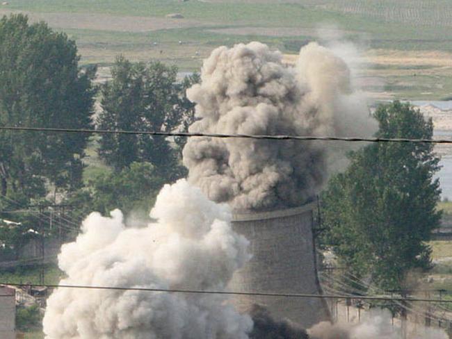 The cooling tower of the Yongbyon nuclear complex, the most visible symbol of North's nuclear weapons program, is seen demolished in Yongbyon, North Korea in 2008. Picture: Xinhua via AP,