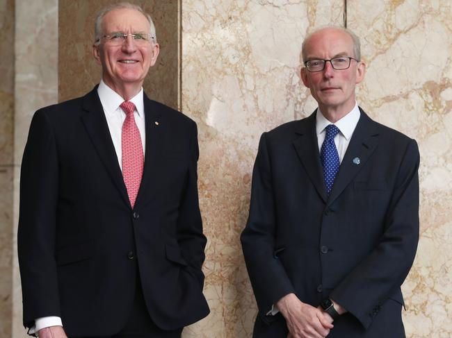 12/5/23: QBE CEO Andrew Horton (right) and Chairman Michael Wilkins at their AGM in Sydney. John Feder/The Australian.