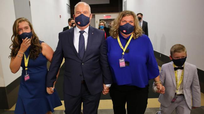 Newly elected Erin O’Toole arrives with wife Rebecca and children Mollie and Jack to deliver a speech in Ottawa on Monday. Picture: AFP