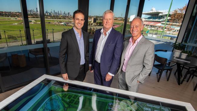 Moonee Valley Racing Club chairman Don Casboult (centre), with Hamton managing director Matt Malseed (left) and Hamton executive chairman Paul Hameister. Picture Jay Town