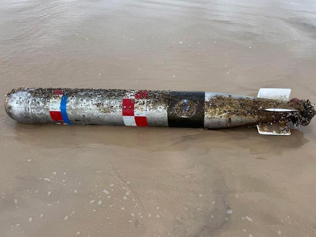 A torpedo on the beach at The Spit which is believed to be a US training torpedo