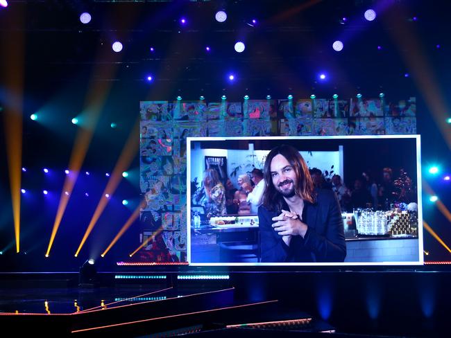 Kevin Parker from Tame Impala accepts the ARIA Award for Best Rock Album via video link. Picture: Getty Images