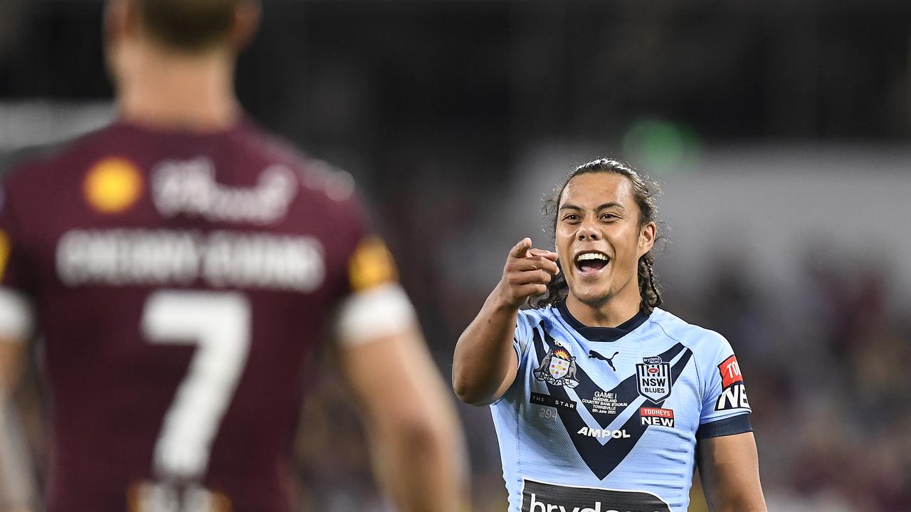 TOWNSVILLE, AUSTRALIA – JUNE 09: Jarome Luai of the Blues points at Daly Cherry-Evans of the Maroons during game one of the 2021 State of Origin series between the New South Wales Blues and the Queensland Maroons at Queensland Country Bank Stadium on June 09, 2021 in Townsville, Australia. (Photo by Ian Hitchcock/Getty Images)