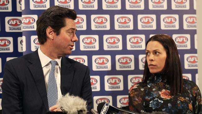 AFL CEO Gillon McLachlan and AFL Tasmania CEO Trisha Squires at Blundstone Arena. Picture: LUKE BOWDEN