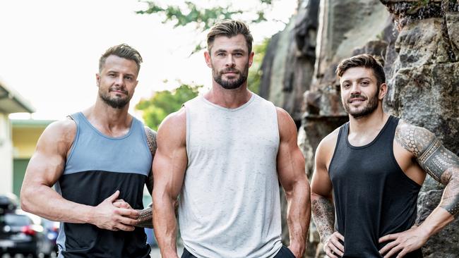 Stuntman Bobby Holland Hanton, Chris Hemsworth and personal trainer Luke Zocchi, who shared training tips on the Centr app.