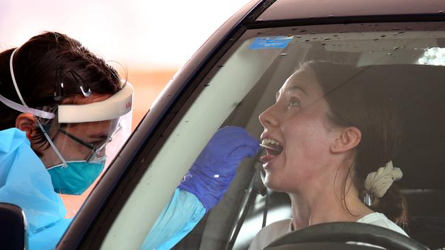 Covid testing underway on the first full day of Brisbane’s three-day lockdown after a cleaner tested positive to the UK Covid-19 strain. Picture: David Clark