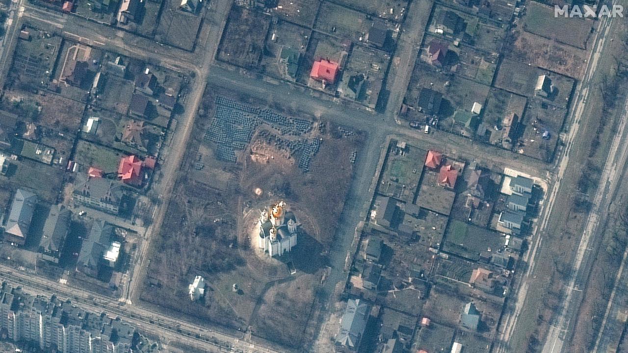 A probable grave site (upper C) near the Church of Saint Andrew and Pyervozvannoho All Saints in Bucha, Ukraine, on March 31. Picture: Maxar Technologies