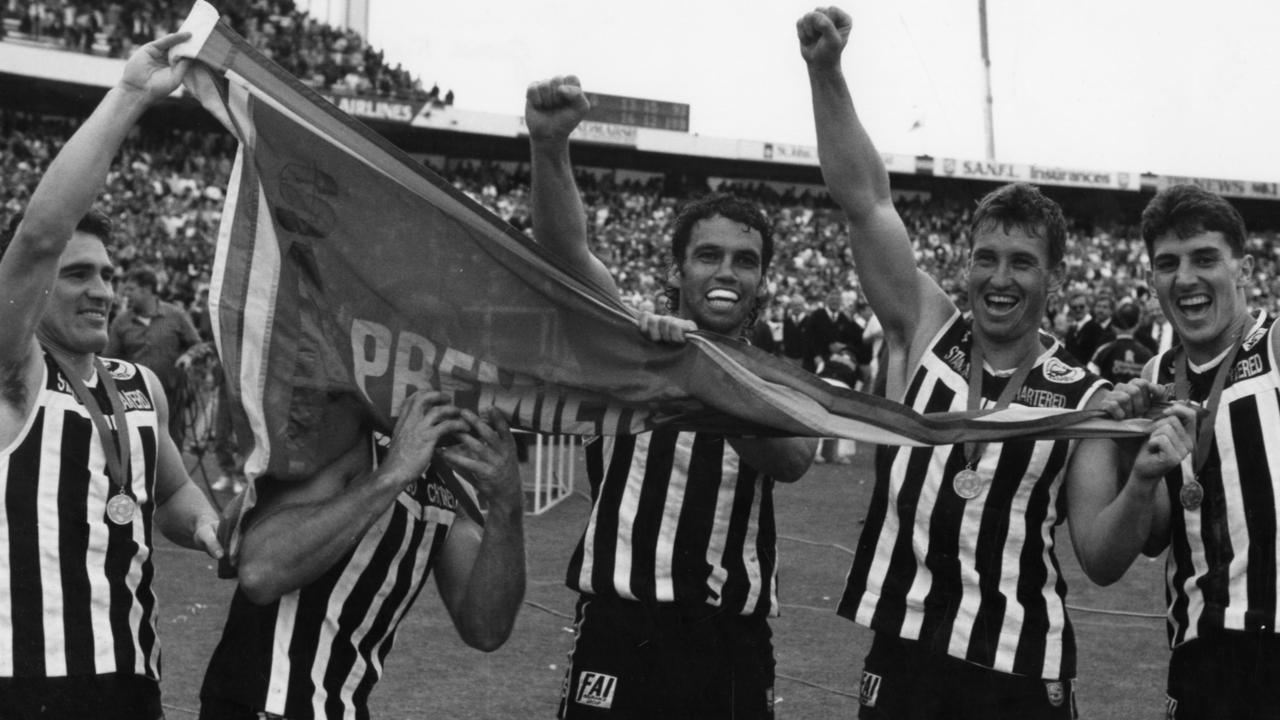 Tim Ginever, Mark Williams, Stephen Williams and David Hutton after the 1990 SANFL grand final. Picture: Ray Titus