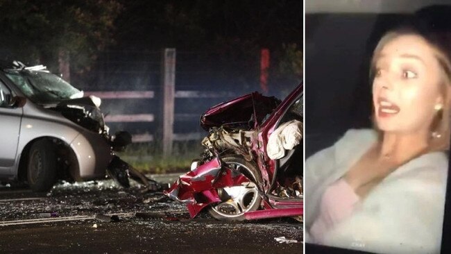 Police are investigating whether Shania McNeill, 21, who was killed in a head-on collision in Berkshire Park on Sunday was ‘playing chicken’ with oncoming traffic. Left: Scene of the crash on Richmond Rd, left, footage of Ms McNeill filmed on Snapchat shortly before the crash.