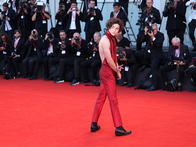 Timothée Chalamet in Haider Ackermann at the Venice Film Festival. Picture: Getty Images