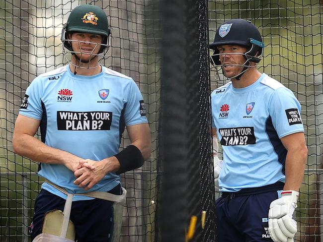 Steve Smith and David Warner during the Australian cricket teams training at ANZ Stadium. Picture: Phil Hillyard