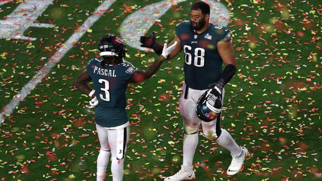 Philadelphia Eagles Zach Pascal, left, and Jordan Mailata after the loss to the Kansas City Chiefs in Glendale, Arizona, on Monday. Picture: Getty Images