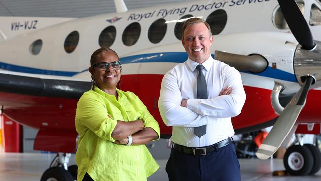 Premier Steven Miles and Labor MP Cynthia Lui at the Royal Flying Doctor Service hangar in Cairns on Monday. Picture: Adam Head