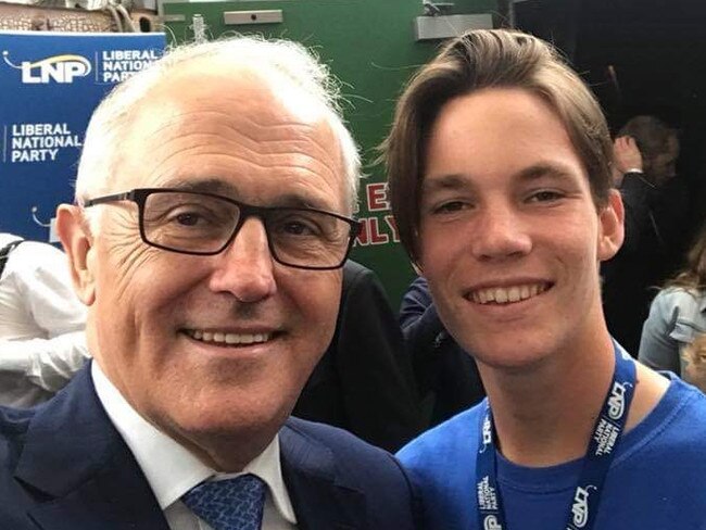 Young LNP volunteer Jake Scott with former Prime Minister Malcolm Turnbull.