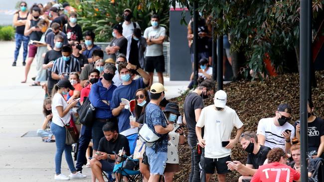 Covid-19 testing lines at the Royal Brisbane Women's Hospital on Wednesday. Picture: David Clark