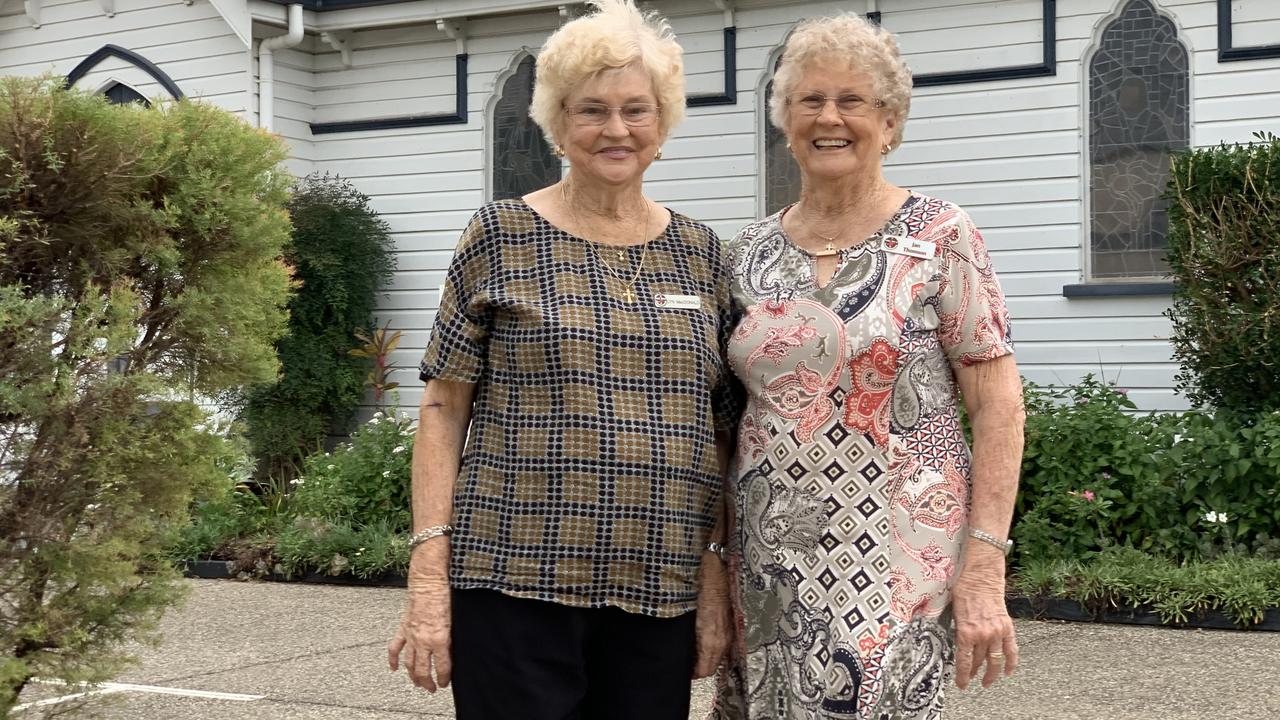 Lyn MacDonald (left) and Jan Thomson stand together outside St Paul’s Uniting Church on Saturday. Picture: Duncan Evans