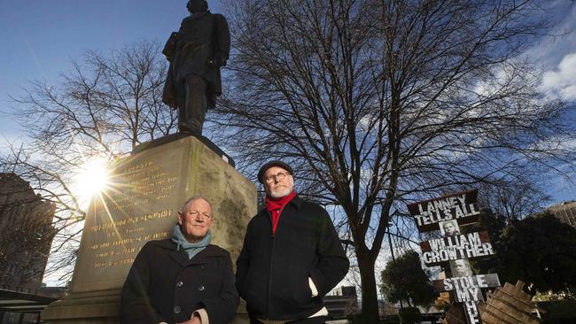 Artist and filmmaker Roger Scholes and Tasmanian Aboriginal writer and curator Greg Lehman who collaborated to create the Lanney Pillar sculpture at Franklin Square, Hobart. Picture: CHRIS KIDD