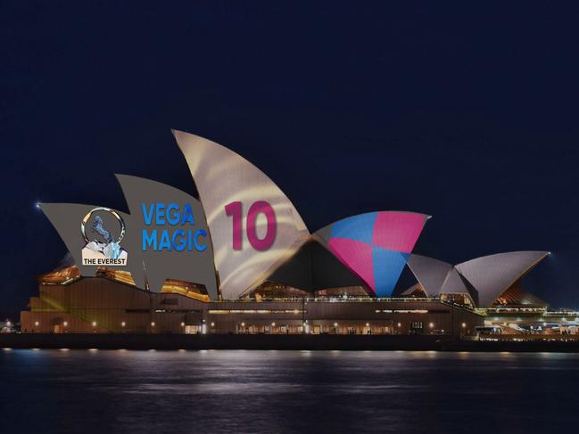 Artist’s impression of the 2018 Everest Race barrier draw being projected onto the Sydney Opera House.