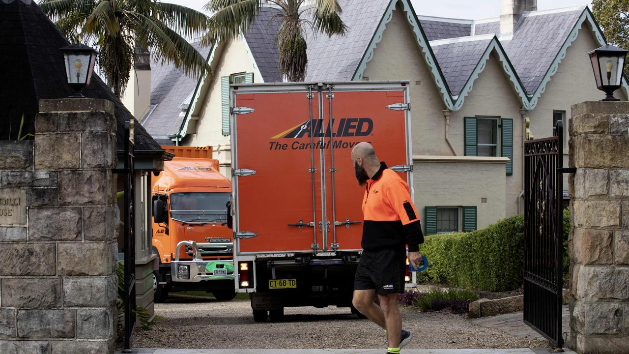 Moving trucks leaving Kirribilli House as former Prime Minister Scott Morrison moves out and returns to The Shire. Picture: NCA NewsWire/Nikki Short