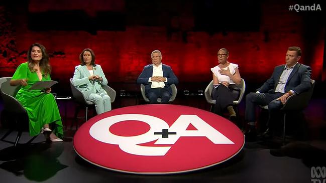 The panel on Q+A for Monday night's episode from Brisbane including host Patricia Karvelas, Senator Susan McDonald, Senator Murray Watt, Senator Larissa Waters and political strategist Scott Emerson. Picture: ABC