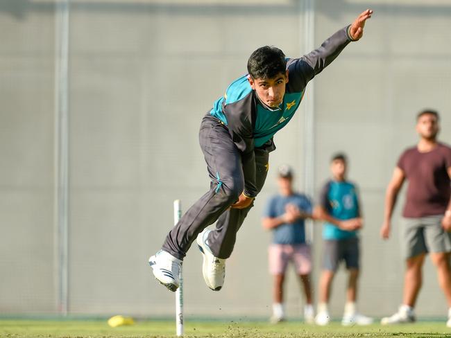 Naseem Shah bowls during a Pakistan training session at the Gabba in Brisbane ahead of the First Test. Picture: AAP Image/Albert Perez