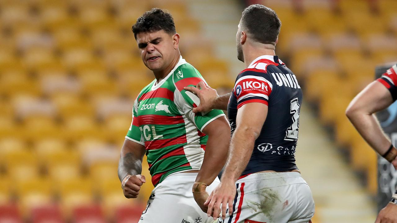 Roosters captain James Tedesco addresses Latrell Mitchell. Picture: NRL Imagery