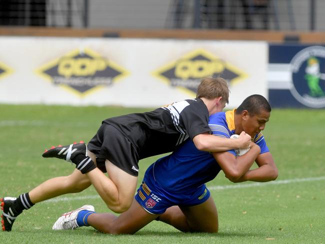 Northern Schoolboys Under-18s trials at Brothers Rugby League Club in Townsville. Townsville combined team number 10 Anthony Vaicata scores try. Picture: Evan Morgan