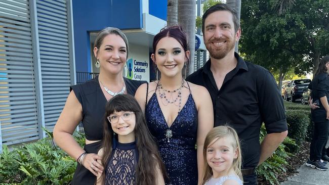 Keira Dascoli-Guymer (middle) at her formal in 2022. Pictured: Mum Lisa Guymer (top left) with her husband Javon Guymer (right) and Keira’s sisters Elki (bottom left) and Ziani (bottom right). Photos: Contributed