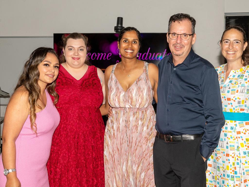 Zhanee Bobongie, Rebecca Mitchell, Cathy Galindo, Benjamin Galindo and Sharlene Cole at Carlisle Adventist College Graduation dinner, Thursday 16 November 2023 Picture:Michaela Harlow