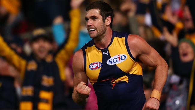Jack Darling of the Eagles celebrates a goal during the 2016 season.