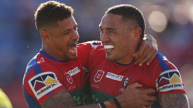 Dane Gagai celebrates a try with Newcastle teammate Tyson Frizell. Picture: Getty Images