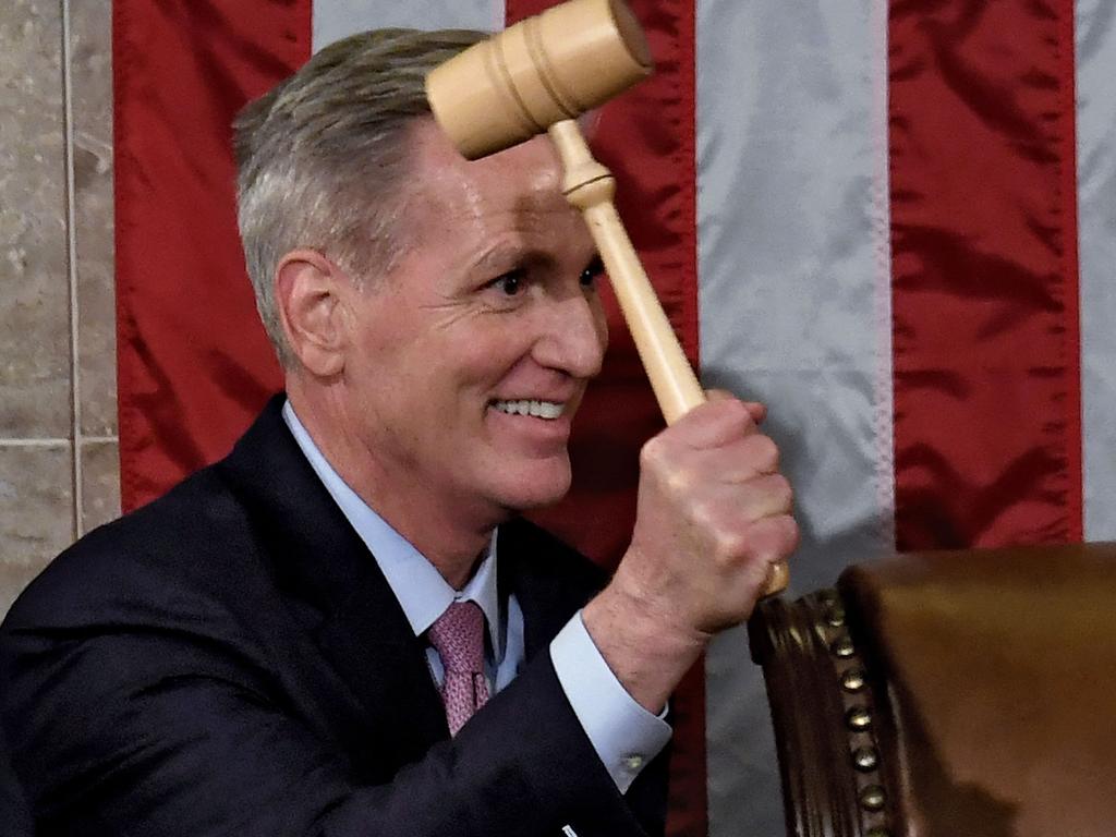 Newly elected Speaker Kevin McCarthy holds the gavel after his election. Picture: AFP