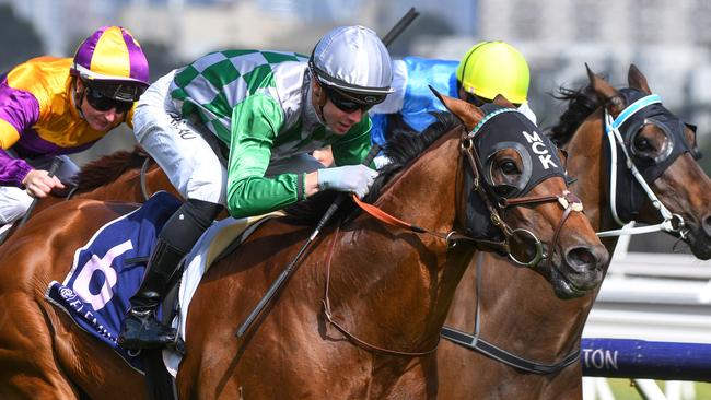 Jye McNeil pilots Amadeus to victory in the Chester Manifold Stakes. Picture: AAP/Vince Caligiuri