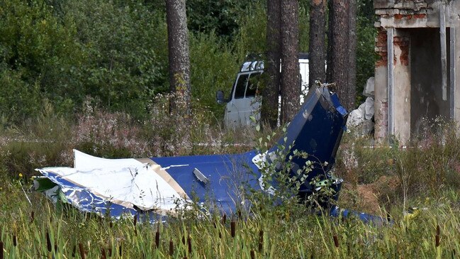 Wreckage of a plane is seen at a crash site near the village of Kuzhenkino, Tver region. The crash killed Prigozhin and nine others. Picture: AFP