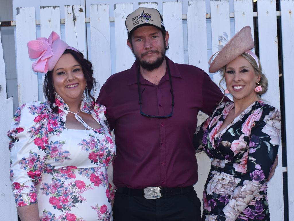 Gracemere's Melissa Chandler, Bo Passmore and Hayley Hewing at the Rockhampton Cup race meeting at Callaghan Park on July 13, 2024.