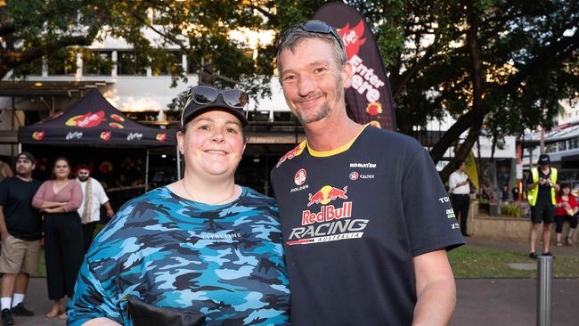 Sarah Barnes and Cameron Barnes were among thousands of racing fans welcomed the Night Transporter Convoy into the Darwin CBD ahead of the 2023 Darwin Supercars. Picture: Pema Tamang Pakhrin
