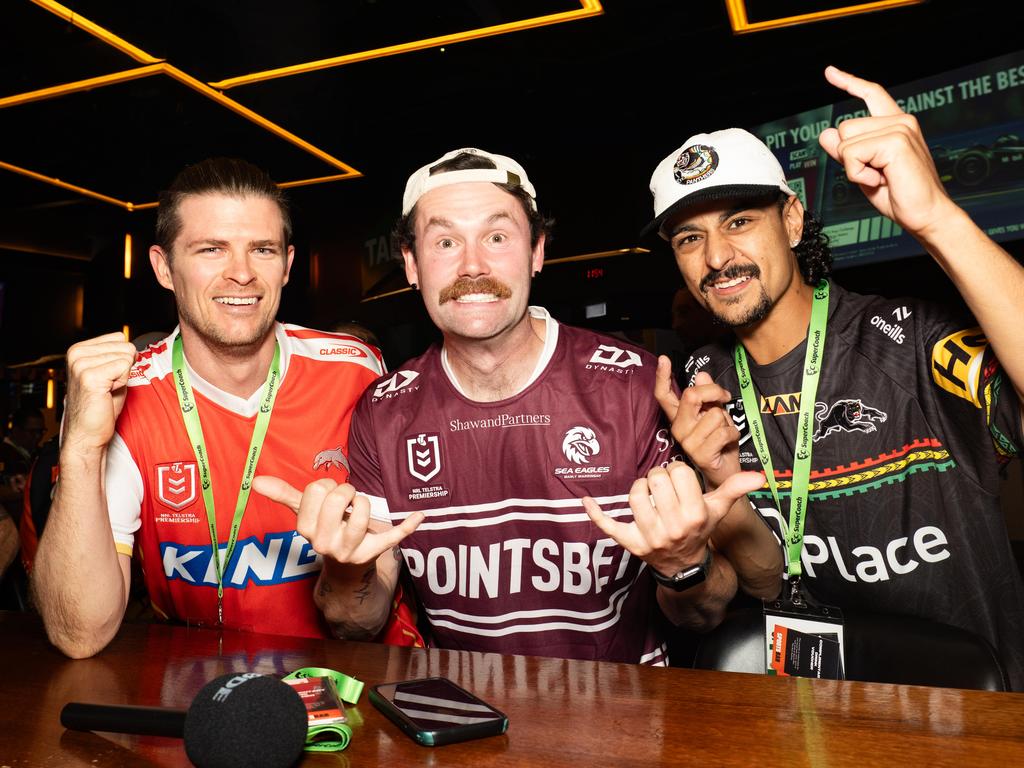 NRL Fans Kane Anderson, Michael Attard and Brandon Savage get excited at the SuperCoach Viva non-Vegas Party at the Star Casino in Sydney. Picture: Tom Parrish