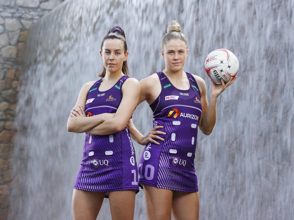 Queensland Firebirds young gun Ruby Bakewell-Doran (left) was an unbeatable defender for the Brisbane North Cougars in the 2021 Sapphire Series. Picture: Lachie Millard
