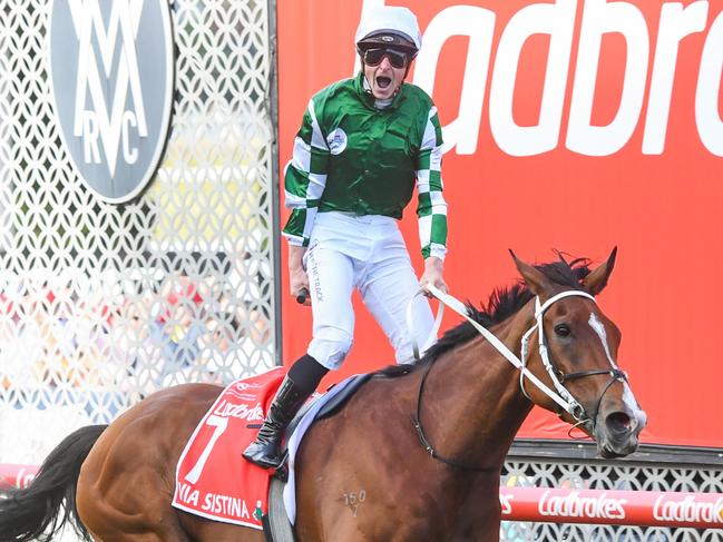 Via Sistina (IRE) ridden by James McDonald wins the Ladbrokes Cox Plate at Moonee Valley Racecourse on October 26, 2024 in Moonee Ponds, Australia. (Photo by Pat Scala/Racing Photos via Getty Images)