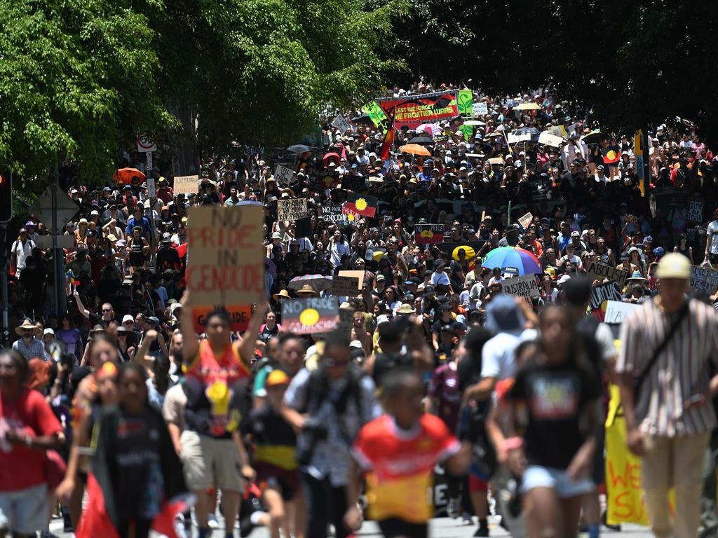 BRISBANE, AUSTRALIA - NewsWire Photos - JANUARY 26, 2023. Protesters take part in an Invasion Day rally and march in Brisbane, coinciding with Australia Day. Picture: NCA Newswire / Dan Peled