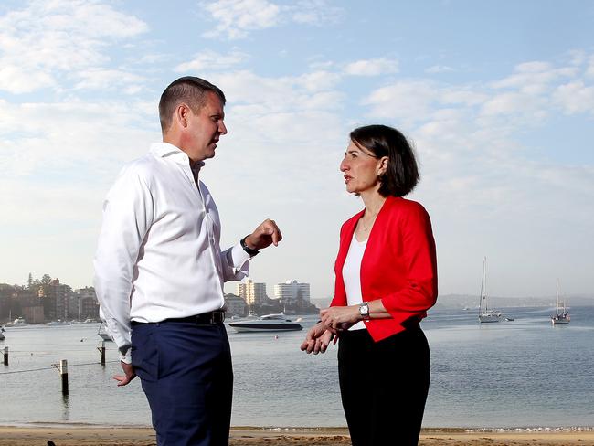 Premier Gladys Berejiklian in Manly with former Premier Mike Baird. Picture: Annika Enderborg.