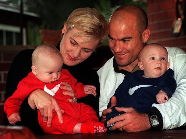 Jason and Kym Hetherington with Zac (left) and Kobe (right) in 1999.