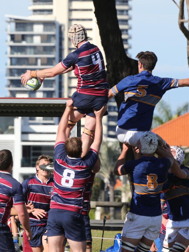 GPS schoolboy rugby union game between The Southport School and Churchie. TSS Player No4 Harry Ward Churchie Player No 5 Ben Daniels Picture Mike Batterham