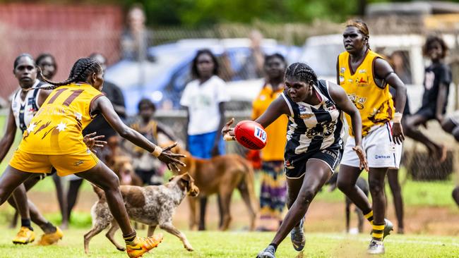 History was made as the Muluwurri Magpies beat the Tapalinga Superstars in the inaugural 2023 Tiwi Islands Football League women's grand final. Picture: Patch Clapp / AFLNT Media